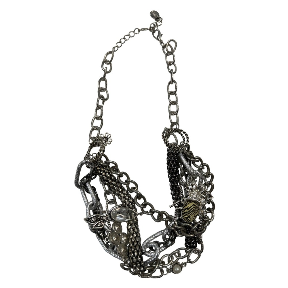Chicos Silver Tone Multi Strand Statement Necklace Butterfly Beetle Charms